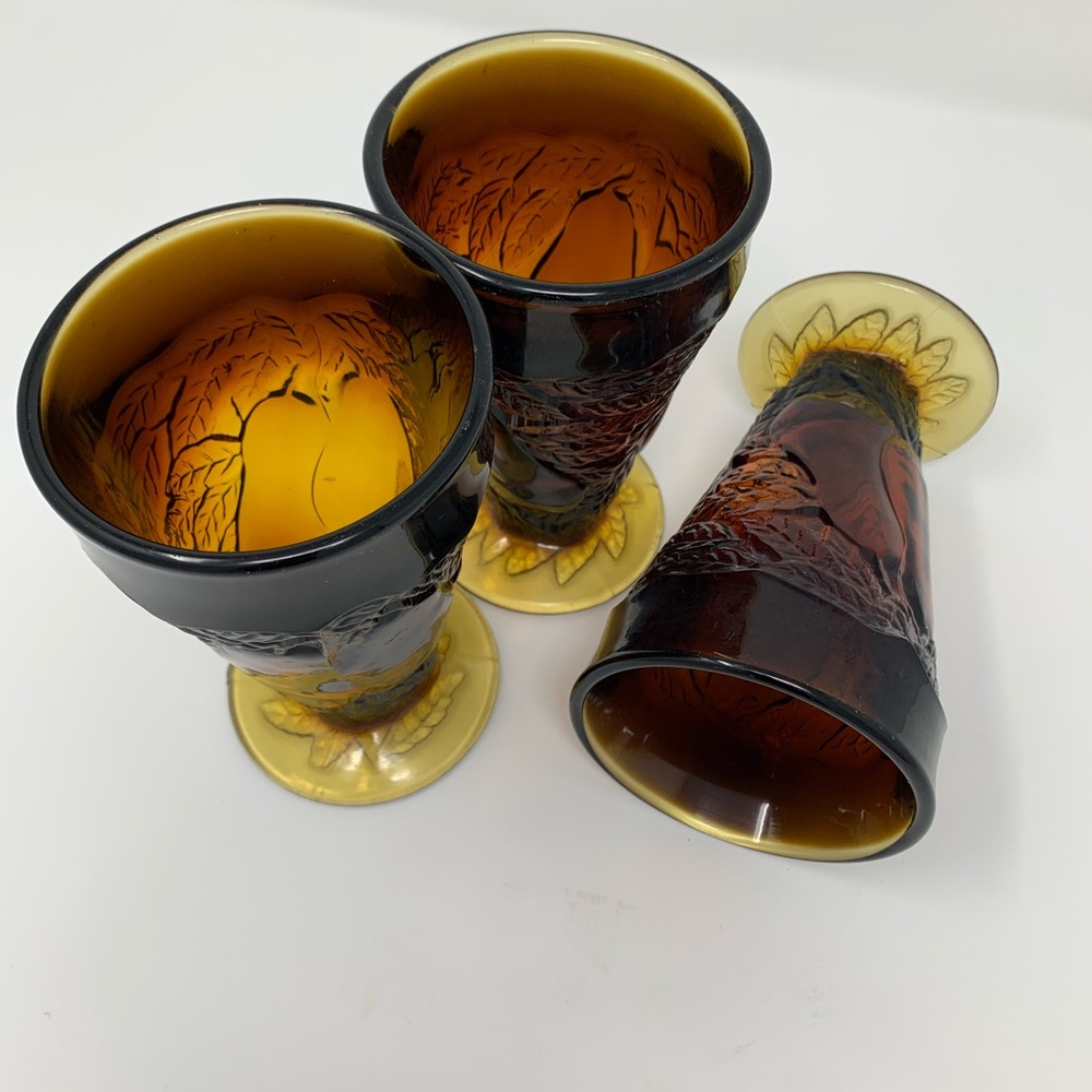💎 RARE VINTAGE TIARA SWEET PEAR Dark Amber footed Tumblers 9oz goblet glass 5” - Picture 5 of 8